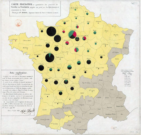 Chart of Origin of Butcher’s Meats Supplied to Paris Markets in 1858 (Carte Viande) - Charles Joseph Minard - Infographic Cartography Art by Charles Joseph Minard