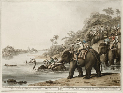 Chasing A Tiger Across the River - Thomas Williamson And Samuel Howwit -  Indian Vintage Orientalist Painting by Thomas Williamson And Samuel Howitt