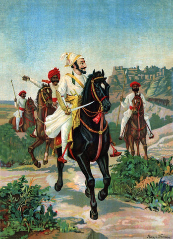 Chattrapati Shivaji With Sant Tukaram - Raja Ravi Varma Chromolithograph Print - Vintage Indian Art Painting by Raja Ravi Varma