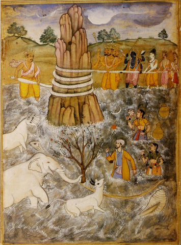 Razmnama - Churning Of The Ocean Manthan -C 1598-99 - Indian Miniature Painting by Tallenge Store