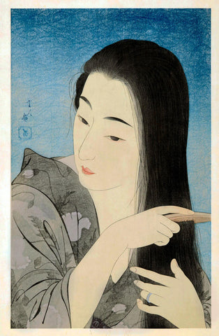 Combing the Hair (Kamisuki) - Torii Kotondo - Japanese Oban Tate-e print Painting by Torii Kotondo