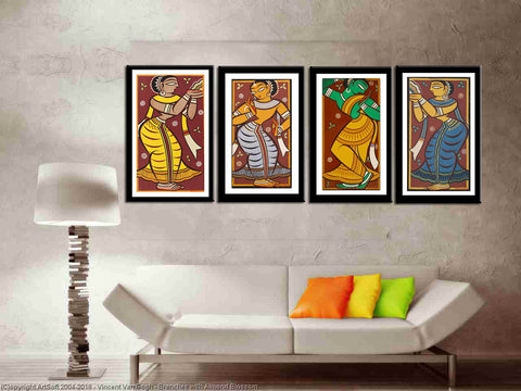 Set of 4 Jamini Roy Paintings - Framed Art Print - Small (11 x 18) inches each