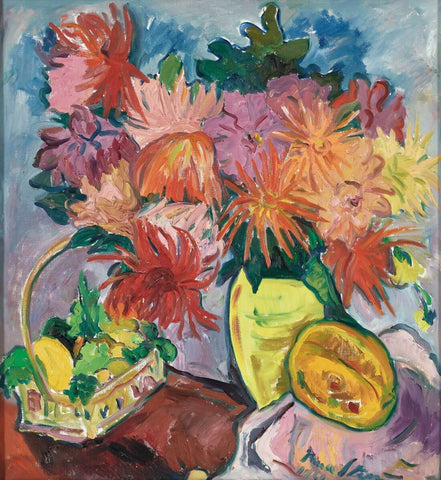 Dahlias And Fruit - Irma Stern - Floral Painting - Life Size Posters by Irma Stern