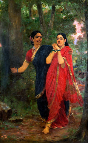 Draupadi and the Enchantress Simhika - Raja Ravi Varma Chromolithograph Print - Vintage Indian Art Mahabharat Painting by Raja Ravi Varma