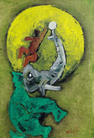 Elephant With Figure - M F Husain Painting by M F Husain