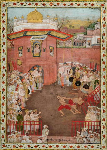Emperor Shah Jahan Watching A Wrestling Match - c1750 - Mir Kalan Khan - Mughal Miniature Art Indian Painting by Mir Kalan Khan