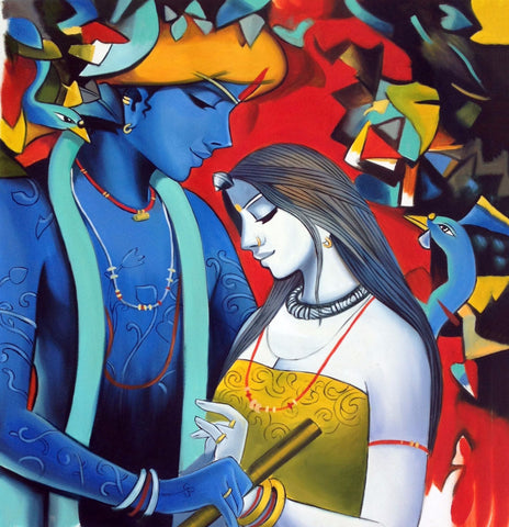 Enchanting Krishna with Radha Painting - Canvas Prints by Raghuraman