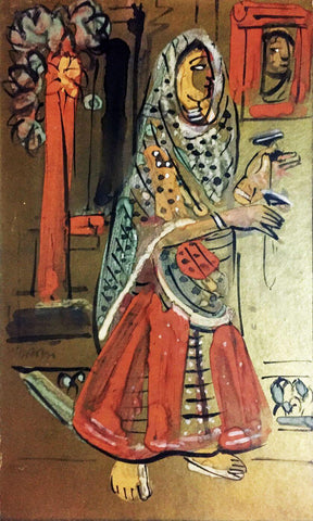 Female Bard - Benode Behari Mukherjee - Bengal School Indian Painting by Benode Behari Mukherjee