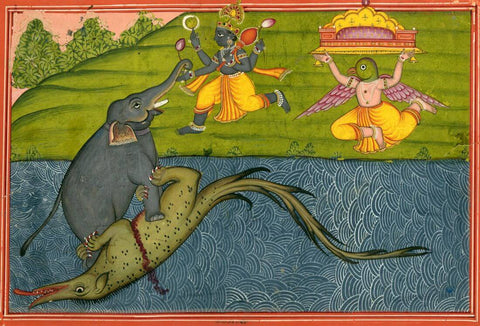 Gajendra Moksha - Bhagavata Purana - Bundi School Art - 18Th Century -  Vintage Indian Miniature Art Painting by Miniature Vintage