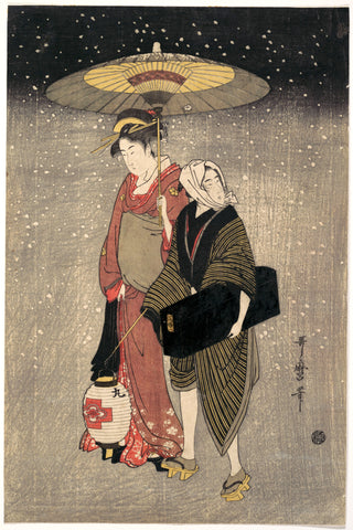 Geisha Walking through the Snow at Night - - Kitagawa Utamaro - Japanese Edo period Ukiyo-e Woodblock Print Art Painting by Kitagawa Utamaro