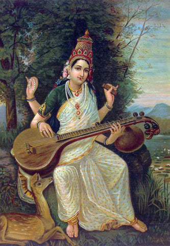 Goddess Saraswati - Raja Ravi Varma  - Vintage Indian Oleograph Painting - Canvas Prints by Raja Ravi Varma