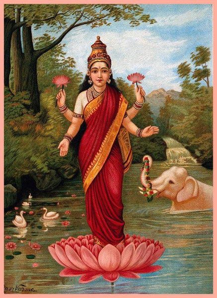 Goddess Lakshmi - Oleograph Print - Raja Ravi Varma - Indian Painting - Life Size Posters