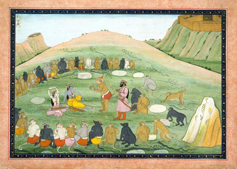 Hanuman Revives Lakshmana with Medicinal Herbs - Nainsukh - Guler Indian Vintage Paiting From Ramayana - c1790 - Large Art Prints by Raghuraman