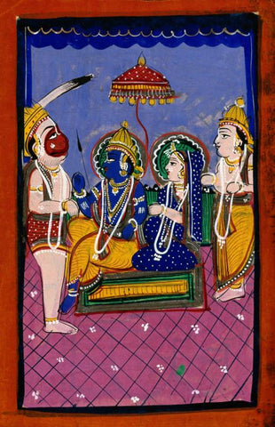 Hanuman Before Rama And Sita And Attendant - Canvas Prints by Raghuraman