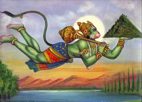 Hanuman Carrying The Gandhamadan Mountain - Indian Ramayana Painting - Canvas Prints by Kritanta Vala