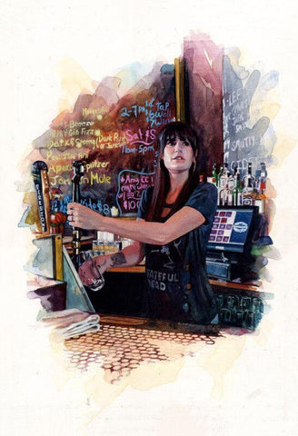 Home Bar Wall Decor - Cute Bar Girl Pouring Draught Beer - Framed Prints by Tallenge Store