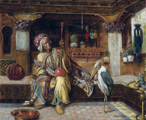 Hookah Smoker With Marabou - Tornai Gyula - Orientist Art Painting by Gyula Tornai