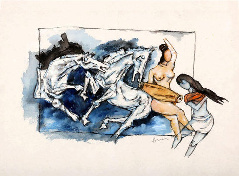 Horses And Figures - Maqbool Fida Husain Painting (Watercolor) by M F Husain