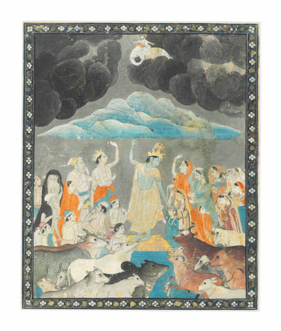 Late 18th Century, Krishna Lifts Mount Govardhan - Pahari Painting - Indian Miniature Painting by Krishna Artworks