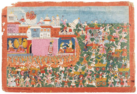 An Illustration From The Bhagavata Purana Krishna Rescues Aniruddha From Banusara - Mewar painting - Indian Miniature Painting by Miniature Art