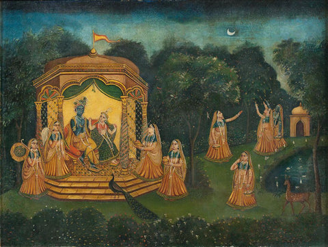 Radha And Krishna On A Throne - Pahari Painting - Indian Miniature Painting by Miniature Art