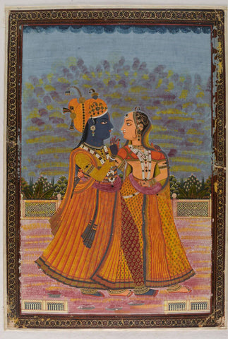 Rajastani Painting- Radha And Krishna Indian Miniature painting - Large Art Prints by Miniature Art