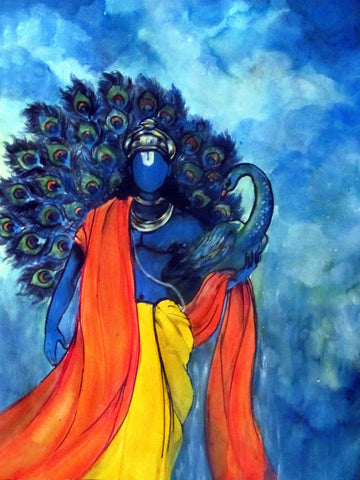 Indian Art - Acrylic Painting - Krishna with Peacock by Raghuraman