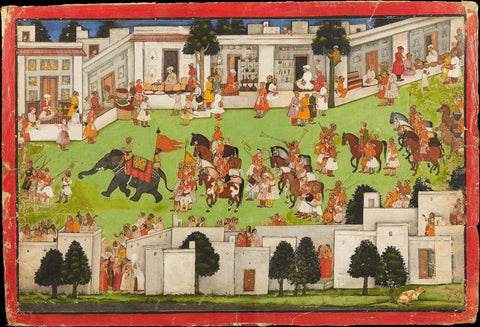 Indian Miniature Art - Pahari Style - Marriage Procession In A Bazaar Mandi by Kritanta Vala