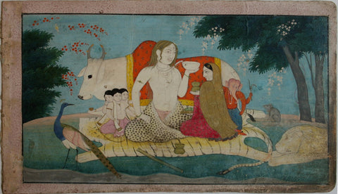 Indian Miniature Art - Pahari Style - The Holy Family Of Shiva Parvati Skanda And Ganesha With Vahanas by Kritanta Vala