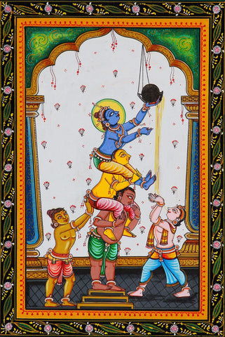 Indian Art - Vintage Painting - Baby Krishna Damodar Stealing Butter - Makhan Chor by Raghuraman