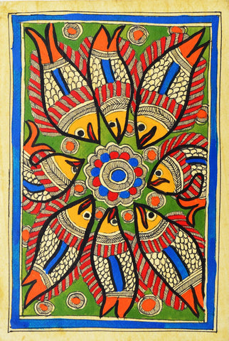 Indian Miniature Art - Mithila Style - Fish by Kritanta Vala