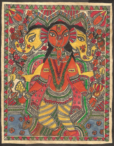 Indian Miniature Art - Madhubani Painting - Lord Ganesha by Kritanta Vala