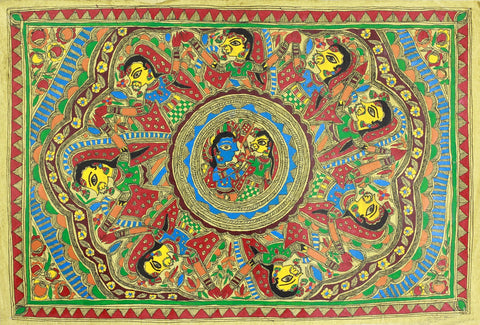 Indian Miniature Art - Mithila Style - Radha And Krishna by Kritanta Vala