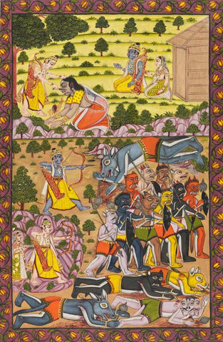 Indian Miniature Art - Lakshman cuts off the nose of Shurpanakha- Ramayana by Tallenge Store