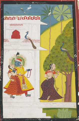 Indian Miniature Paintings - Krishna Radha with Peacock - Life Size Posters by Tallenge Store