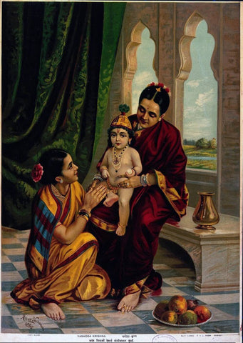 Infant Krishna Sitting On Yashodas Lap - Raja Ravi Varma - Lithograph Print by Raja Ravi Varma