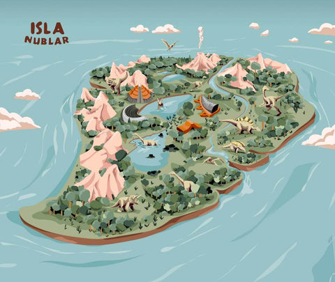 Isla Nublar - Jurassic Park Island Map With Dinosaurs - Hollywood Movie Poster by Movie Posters