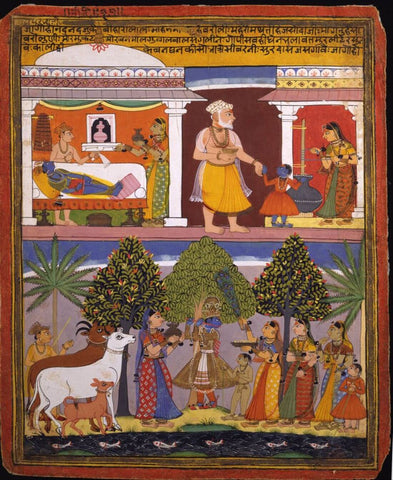Scenes from the Childhood Krishna, from a Sur Sagar Manuscript - Indian Miniature - Mewari Painting - Large Art Prints by Krishna Artworks