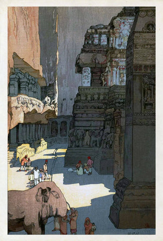 Kailasa Temple At Ellora - Yoshida Hiroshi - Japanese Ukiyo-e Woodblock Prints Of India Painting by Hiroshi Yoshida