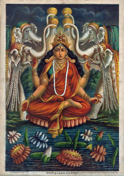 Kamala (Lakshmi - A Mahavidya of Devi) - c1885 Vintage Bengal School Art - Indian Goddess Poster - Art Prints