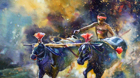 Kambala - The Annual Buffalo Race In Mangaluru - India Art Painting by Tallenge Store