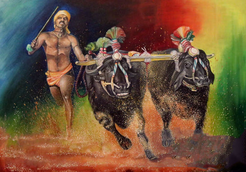 Kambala - The Annual MAn and Buffalo Race In Karnataka - India Art Painting - Framed Prints