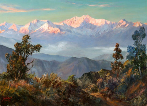 Kanchanjunga Range Sunset from Darjeeling - Mary Hulbert - Mountain Landscape Art Painting - Framed Prints