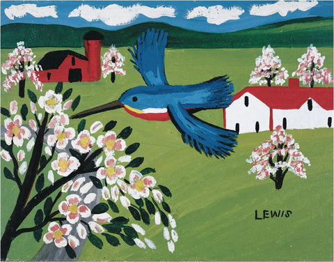 Kingfisher and Apple Blossom - Maud Lewis - Folk Art Bird Painting by Maud Lewis