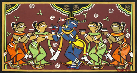 Krishna With Gopis - Jamini Roy - Bengal Painting by Jamini Roy