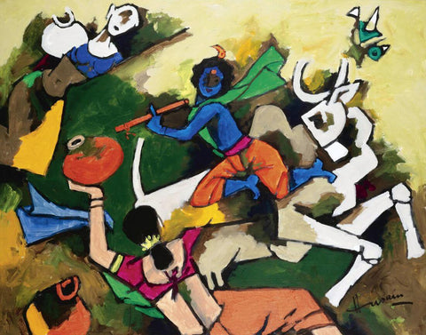 Krishna With Gopis - Maqbool Fida Husain – Painting by M F Husain