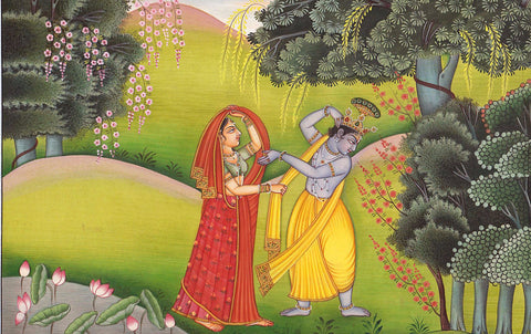 Krishna Adorns His Beloved Radha in Vrindavana - Framed Prints by Anonymous Artist