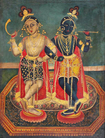 Krishna And Balaram - Dutch Bengal School -18th Century Vintage Indian Art by Jai
