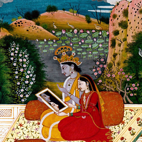 Krishna and Radha Looking Into a Mirror - Framed Prints by Raghuraman