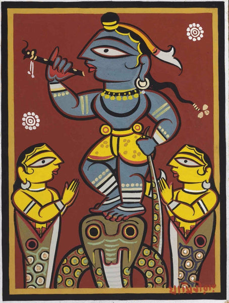 Krishna Collection - Indian Art - Kalighat Style - Jamini Roy - Krishna Blessing Snake Kaliya - Posters